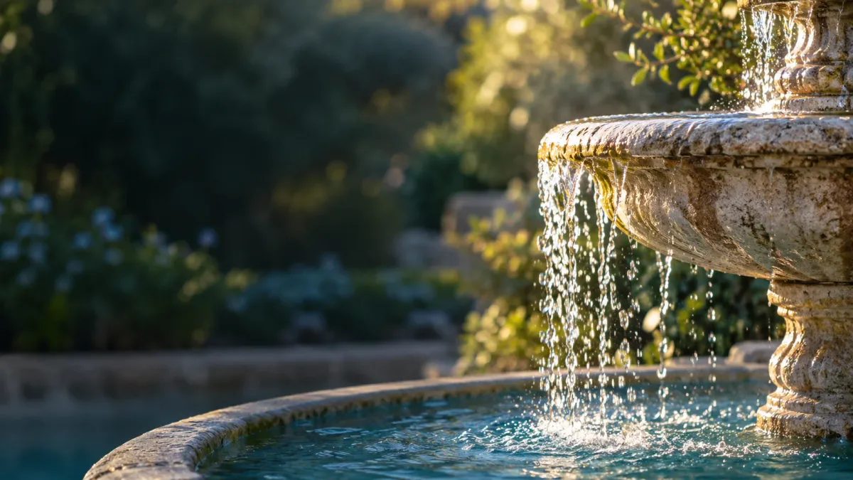 Dlo k ap koule nan yon fontèn an wòch nan yon jaden